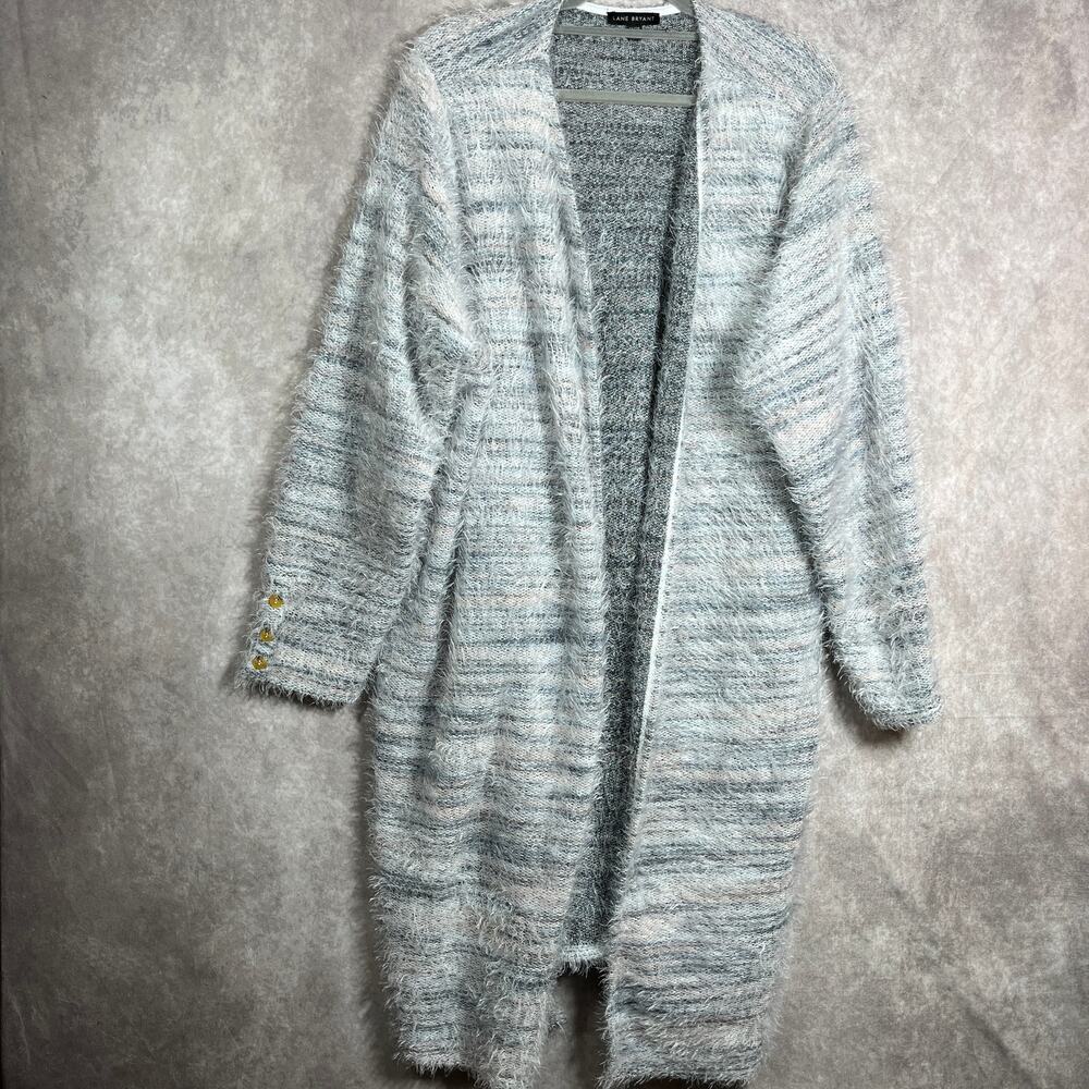 Lane Bryant Eyelash Duster Cardigan Sweater Womens 26/28 Gray Striped‎ Knit Open